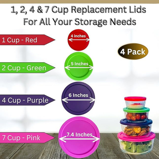 1, 2, 4 & 7 Cup Red, Spring Green, Purple Pink Replacement Lids/Covers for Pyrex, Anchor Hocking & KlareWare Storage Bowls *Lids Only Glass Container Not Included* (4 Pack *One of Each Size*)