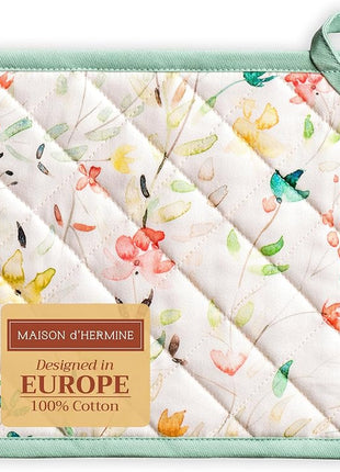 Maison d'Hermine Pot Holders 100% Cotton Heat Resistant Potholders 8" x 8" Hot Pads with Loop BBQ, Cooking, Baking, Grilling, Kitchen, Handling Hot Pans Spring/Summer (Pack of 1, Colmar)