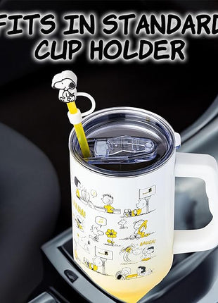 Silver Buffalo Peanuts Iconic Scenes Featuring Charlie Brown, Snoopy, Woodstock, Lucy, Sally, Linus & More Stainless Steel Tumbler w Handle, Straw, & Straw Cap, Fits in Standard Cup Holder, 40 Ounces