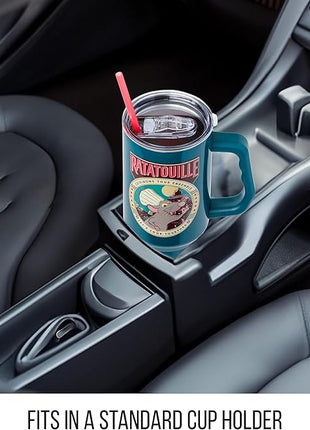 Silver Buffalo Disney Pixar Ratatouille Remy Let's Cook Together Stainless Steel Tumbler with Handle and Straw, Fits in Standard Cup Holder, 40 Ounces