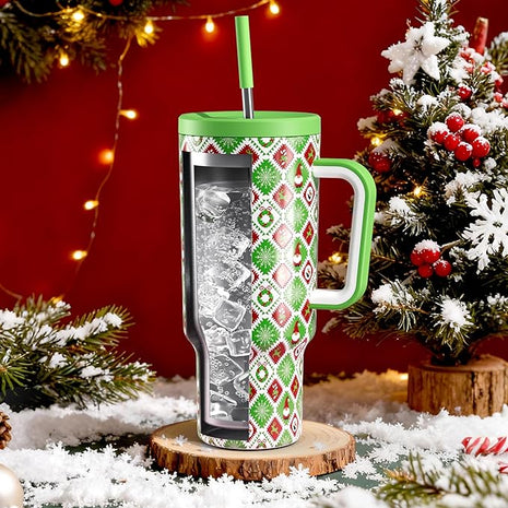 Meoky 40 oz Christmas Tumbler with Handle and Straw, Xmas Tumbler with Lid and Straw, Insulated Stainless Steel Travel Mug, Christmas Gifts for Women Men Adults (Snowy Santa)