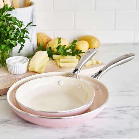GreenLife Artisan Healthy Ceramic Nonstick, 8" and 10" Frying Pan Skillet Set, Stainless Steel Handle, PFAS-Free, Dishwasher Safe, Oven Safe, Soft Pink