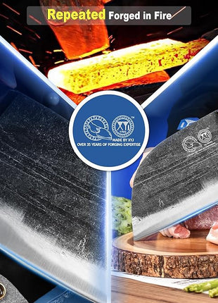 XYJ Antique Forged Butcher Knives, Serbian-Style Chef's Knife with Sheath, Heavy-Duty Meat Cleaver for Kitchen & Outdoor Use, Full Tang Construction