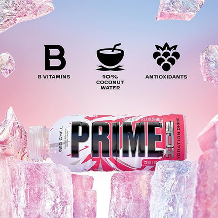 PRIME Hydration ICE RED CHILL, Sports Drinks, Electrolyte Enhanced for Ultimate Hydration, 250mg BCAAs, B Vitamins, Antioxidants, Low Sugar, 16.9 Fl Oz, 12 Pack