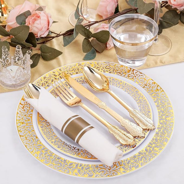 DaYammi 210 PCS Gold Plastic Plates, Gold Plastic Dinnerware Sets, Includes: 30 Dinner Plates, 30 Salad Plates, 30 Pre Rolled Napkins with Gold silverware,30 Cups 9 OZ, Perfect for Wedding and Party