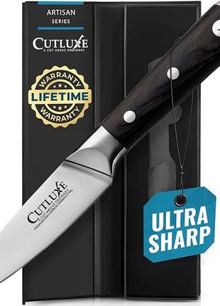 Cutluxe Paring Knife, 3.5" Small Kitchen Peeling Knife with Razor Sharp Blade – High Carbon German Steel, Full Tang, Ergonomic Handle Design – Artisan Series
