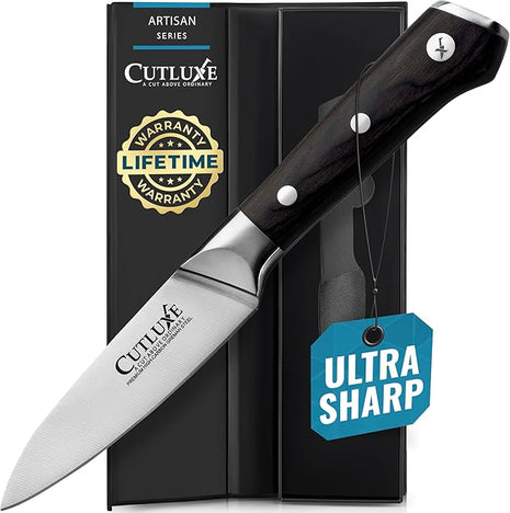 Cutluxe Paring Knife, 3.5" Small Kitchen Peeling Knife with Razor Sharp Blade – High Carbon German Steel, Full Tang, Ergonomic Handle Design – Artisan Series