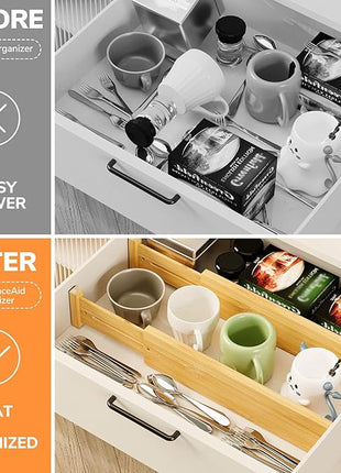 BAMEOS 4 pcs 3" High Bamboo Drawer Dividers Adjustable Drawer Organizer Expandable Drawer Organization Utensil Organizers for Kitchen Dresser Bathroom Bedroom and Office