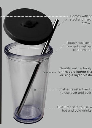 Reusable Iced Coffee Cup (24 Oz/Venti), Leak Proof and Double Wall Insulated Iced Coffee Tumbler, Come with Reusable Plastic and Metal Straws and Straw Cleaner - Black
