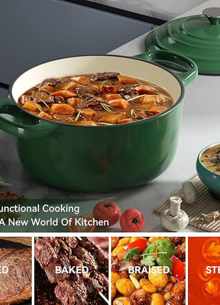 Miereirl 6 Quart Enameled Dutch Oven Pot with Lid, Cast Iron Dutch Oven with Dual Handles for Bread Baking, Cooking, Non-stick Enamel Coated Cookware (Green)