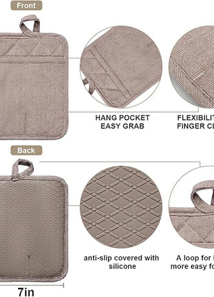 Pot Holders Yarn-Dyed Set of 3 Non Slip Silicone Kitchen Lines Heat Resistant 500℉ Kitchen Gloves BBQ Cooking Baking Cooking Barbecue Microwave Machine Washable (Khaki Pot Holders)