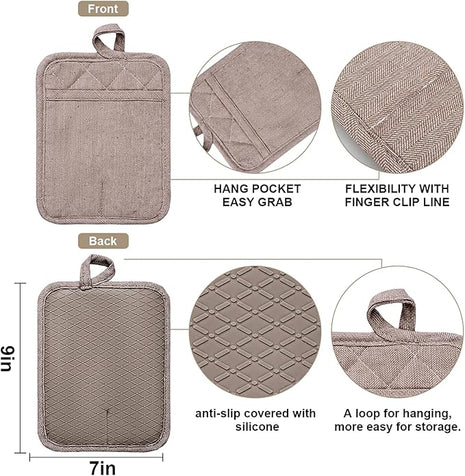 Pot Holders Yarn-Dyed Set of 3 Non Slip Silicone Kitchen Lines Heat Resistant 500℉ Kitchen Gloves BBQ Cooking Baking Cooking Barbecue Microwave Machine Washable (Khaki Pot Holders)