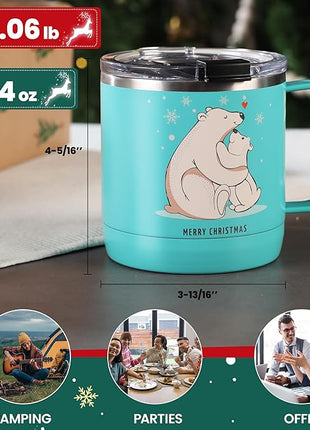HAUSHOF 14oz Christmas Mug, Stainless Steel Coffee Mugs with Lid and Handle, Insulated Coffee Cups, Ideal Christmas Gifts for Mom, Dad, Kids