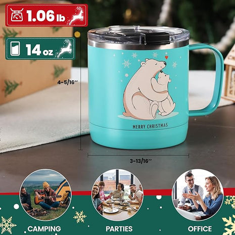 HAUSHOF 14oz Christmas Mug, Stainless Steel Coffee Mugs with Lid and Handle, Insulated Coffee Cups, Ideal Christmas Gifts for Mom, Dad, Kids