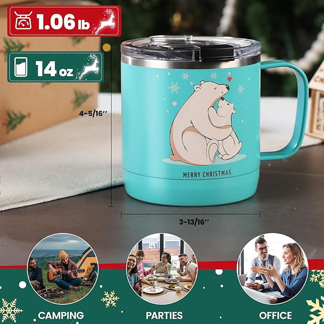 HAUSHOF 14oz Christmas Mug, Stainless Steel Coffee Mugs with Lid and Handle, Insulated Coffee Cups, Ideal Christmas Gifts for Mom, Dad, Kids