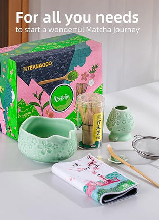 TEANAGOO Matcha Whisk Set,7 Pcs Matcha Set Blue Green,Ceremony Matcha Kit,Matcha Tea Set for Making Latte,Ceramic Bowl(chawan) whith Spout and Whisk,Gift for Matcha Lovers