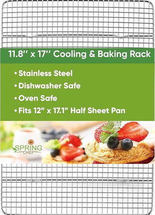 Spring Chef 11.8" x 17" Stainless Steel Cookie Cooling Rack - Oven Safe - Baking Rack for Bacon, BBQ, Jerky, Bread, Pizza, Cake - Fits Half Sheet Roasting Pan - Dishwasher Safe