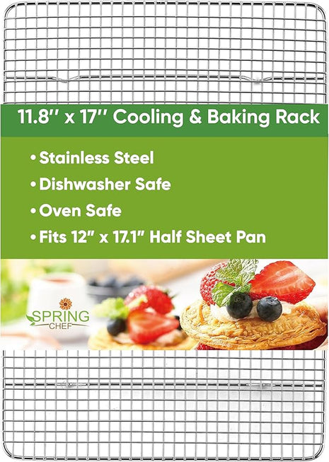 Spring Chef 11.8" x 17" Stainless Steel Cookie Cooling Rack - Oven Safe - Baking Rack for Bacon, BBQ, Jerky, Bread, Pizza, Cake - Fits Half Sheet Roasting Pan - Dishwasher Safe