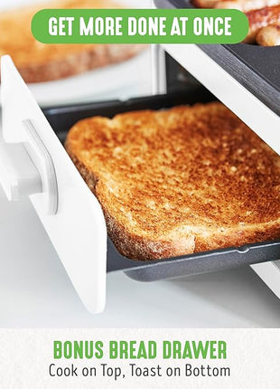 GreenLife 3-in-1 Breakfast Maker Station, Healthy Ceramic Nonstick Dual Griddles for Eggs Meat Sausage Bacon Pancakes and Breakfast Sandwiches, 2 Slice Toast Drawer, Easy-to-use Timer, White