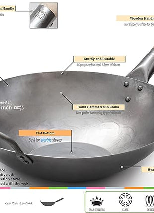 Craft Wok Flat Hand Hammered Carbon Steel Pow Wok with Wooden and Steel Helper Handle (14 Inch, Flat Bottom) / 731W316