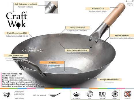 Craft Wok Flat Hand Hammered Carbon Steel Pow Wok with Wooden and Steel Helper Handle (14 Inch, Flat Bottom) / 731W316