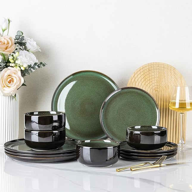 LeRatio Ceramic Dinnerware Sets for 4,Porcelain Plates and Bowls Sets, Reactive Glaze Dishes Set,Chip Resistant and Scratch Resistant | Oven&Dishwasher & Microwave Safe,Service for 4-Green&Black