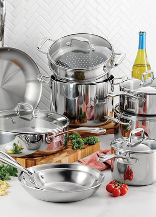 Tramontina Tri-Ply Clad Stainless Steel 14-Piece Cookware Set with Glass Lids, Pots and Pans Kitchen Set, Induction-Ready, Dishwasher-Safe, NSF-Certified