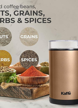 Kaffe One-Touch Coffee Grinder Electric w/Cleaning Brush (3 oz) - Stainless Steel - Coffee Grinders for Home Use - Up to 12 Cups of Coffee per Grind - Easy On/Off Coffee Bean Grinder - Copper