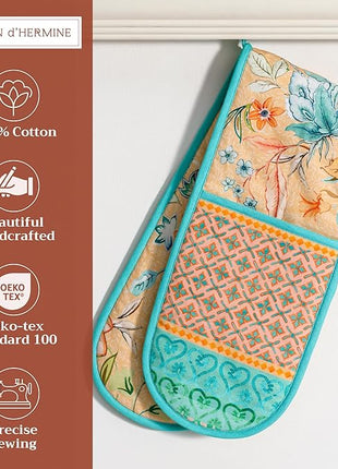 Maison d' Hermine Double Oven Mitts 100% Cotton 7"x35" Double Oven Mitt Heat Resistant BBQ Cooking Gloves with Loop, Baking, Grilling, Kitchen, Handling Hot Pans Spring Summer (Luxury Loft – Peach)