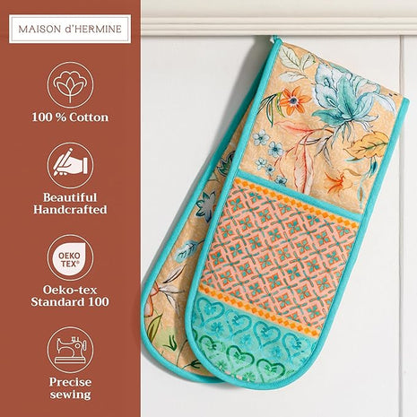Maison d' Hermine Double Oven Mitts 100% Cotton 7"x35" Double Oven Mitt Heat Resistant BBQ Cooking Gloves with Loop, Baking, Grilling, Kitchen, Handling Hot Pans Spring Summer (Luxury Loft – Peach)