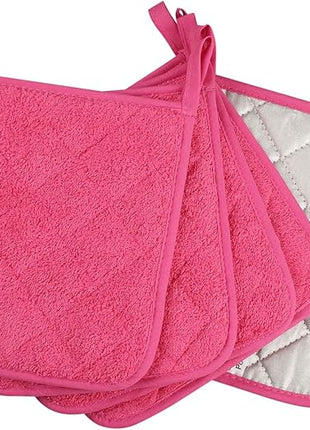 100% Cotton Kitchen Everyday Basic Terry Pot Holder Heat Resistant Coaster Potholder for Cooking and Baking Set of 5 (Dark Pink, Potholder)