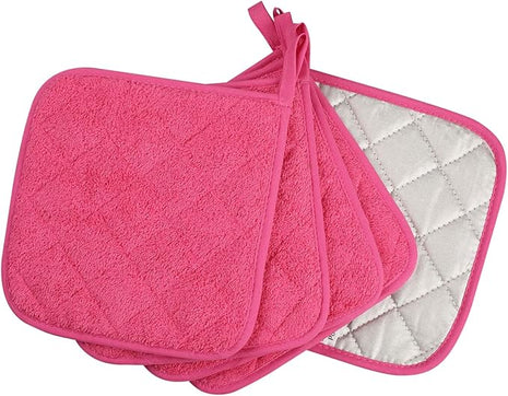 100% Cotton Kitchen Everyday Basic Terry Pot Holder Heat Resistant Coaster Potholder for Cooking and Baking Set of 5 (Dark Pink, Potholder)