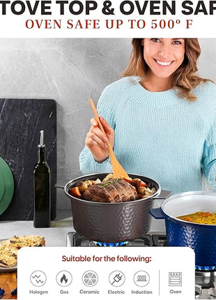 Gotham Steel Hammered 5 Qt Lightweight Dutch Oven Pot with Lid & Holders, Ceramic Non Toxic, Oven Safe & Even Heat Retaining Dutch Oven for Bread Baking Sourdough, Soup, 70% Lighter than Cast Iron