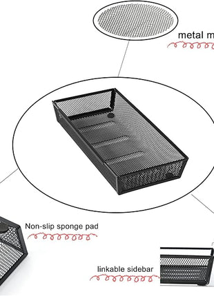 ihomecooker Mesh Tray Silverware Drawer Organizer, Utensil Cutlery Tray Office Supplies with Interlocking Arm Drawer Dividers Organizer for Flatware, Knives,Home,Office, School,Bedroom 12X6'' Black