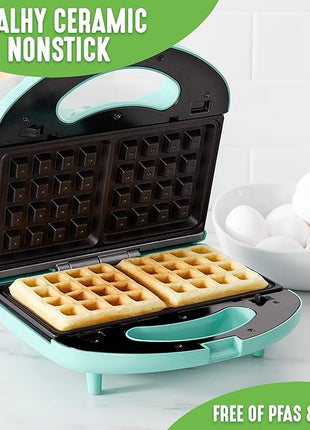 GreenLife Electric Waffle Sandwich Maker, Toaster, Panini Press with Healthy Ceramic Nonstick Plates, Perfect for Tuna Melts, Crispy Rice, Grilled Cheese, LED Indicator Light, PFAS-Free, Turquoise
