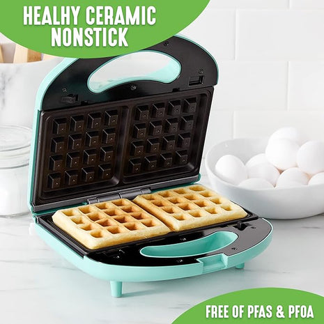 GreenLife Electric Waffle Sandwich Maker, Toaster, Panini Press with Healthy Ceramic Nonstick Plates, Perfect for Tuna Melts, Crispy Rice, Grilled Cheese, LED Indicator Light, PFAS-Free, Turquoise