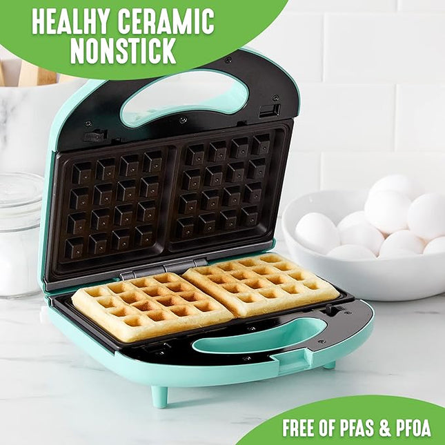 GreenLife Electric Waffle Sandwich Maker, Toaster, Panini Press with Healthy Ceramic Nonstick Plates, Perfect for Tuna Melts, Crispy Rice, Grilled Cheese, LED Indicator Light, PFAS-Free, Turquoise