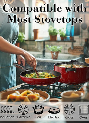 Cook N Home Nonstick Frying Pans Set 3 Piece, 8, 9.5, 11-Inch Kitchen Cooking Skillets Saute Fry Pan Induction Compatible, Marble Red