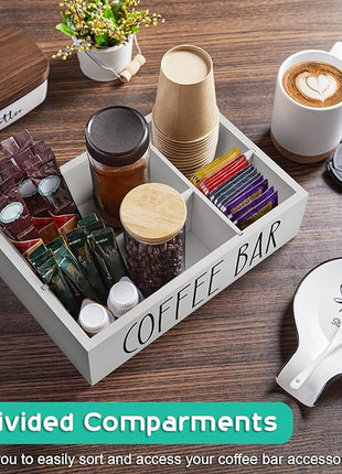 ALELION ALEION White Coffee Station Organizer - Wood Countertop Accessories Organizer with Removable Dividers for Pods Condiment Syrup Tea Cups Stirrers