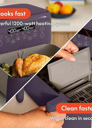 bella 4 Qt TriZone Air Fryer, EverGood™ Ceramic Nonstick Coating, Dual Basket Design w Removable Divider, Digital Touchscreen Control w 6 Preset Cooking Options, 1200 Watt, 3lb Capacity, Plum