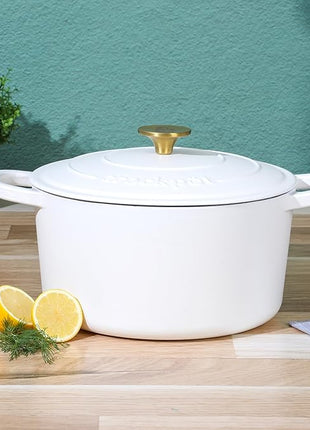 Crock Pot Artisan 6-Quart Round European Enameled Dutch Oven Pot With Lid - Matte Linen White w/Gold Knob