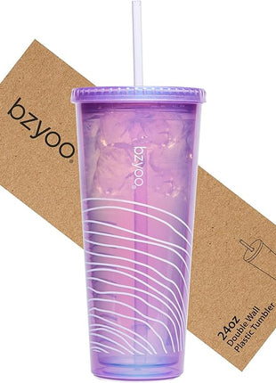 bzyoo SIP 24oz (710ml) Double Wall Plastic Tumbler with Lid and Straw Cold Drink Travel Mug Reusable Ice Coffee Tea Cup Perfect for Office Poolside Parties Gifts Color: Pearl Purple