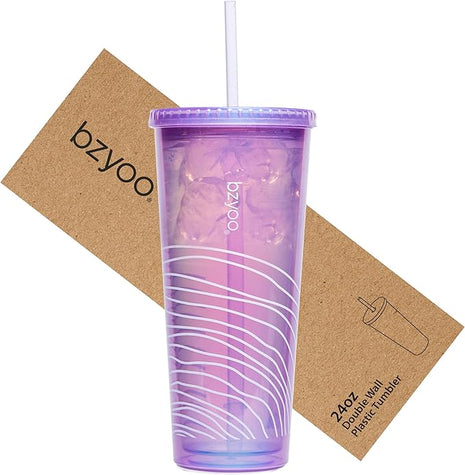 bzyoo SIP 24oz (710ml) Double Wall Plastic Tumbler with Lid and Straw Cold Drink Travel Mug Reusable Ice Coffee Tea Cup Perfect for Office Poolside Parties Gifts Color: Pearl Purple