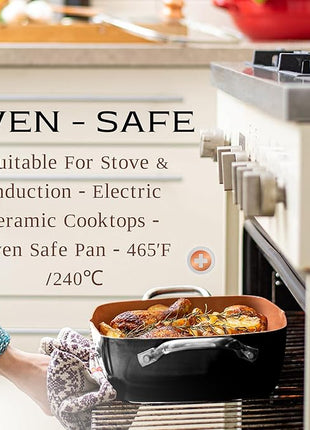 Moss & Stone 5 Pcs Black Copper Chef Cookware Non Stick Deep Frying Pan, Fry Basket, Steamer Rack, Dishwasher & Oven Safe, 5 Qt Deep Square Pan, Induction Copper Cookware Set - 9.5" x 3.5"