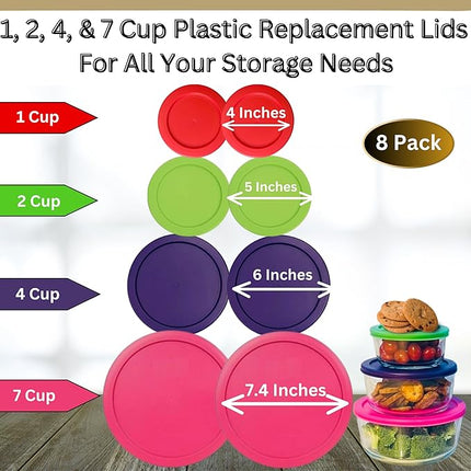 1, 2, 4 & 7 Cup Red, Spring Green, Purple, Pink Replacement Lids/Covers for Pyrex, Anchor Hocking & KlareWare Storage Bowls *Lids Only Glass Container Not Included* (8 Pack *Two of Each Size*)