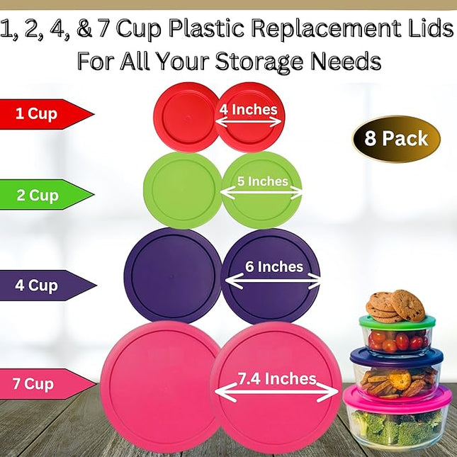 1, 2, 4 & 7 Cup Red, Spring Green, Purple, Pink Replacement Lids/Covers for Pyrex, Anchor Hocking & KlareWare Storage Bowls *Lids Only Glass Container Not Included* (8 Pack *Two of Each Size*)