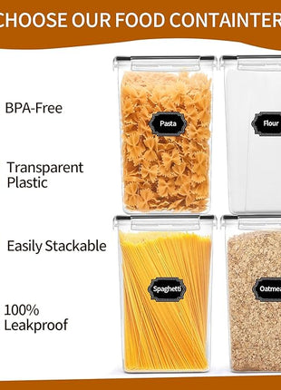 4 Pack Extra Large Airtight Food Storage Containers with Lids (6.5L / 220 oz), BPA Free Plastic Kitchen and Pantry Organization Contianers for Cereal Flour and Sugar Storage, Labels & Marker