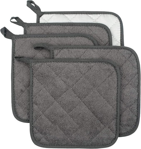 100% Cotton Kitchen Everyday Basic Terry Pot Holder Heat Resistant Coaster Potholder for Cooking and Baking Set of 5 Mineral Gray