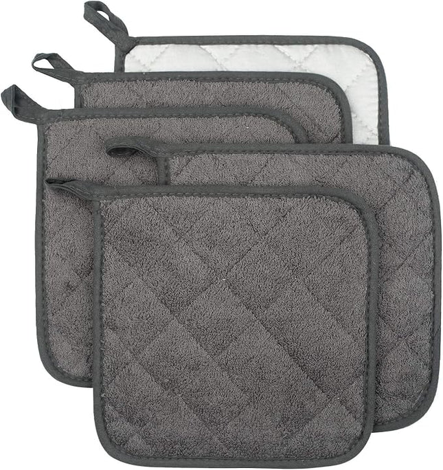 100% Cotton Kitchen Everyday Basic Terry Pot Holder Heat Resistant Coaster Potholder for Cooking and Baking Set of 5 Mineral Gray
