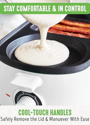 GreenLife 3-in-1 Breakfast Maker Station, Healthy Ceramic Nonstick Dual Griddles for Eggs Meat Sausage Bacon Pancakes and Breakfast Sandwiches, 2 Slice Toast Drawer, Easy-to-use Timer, White